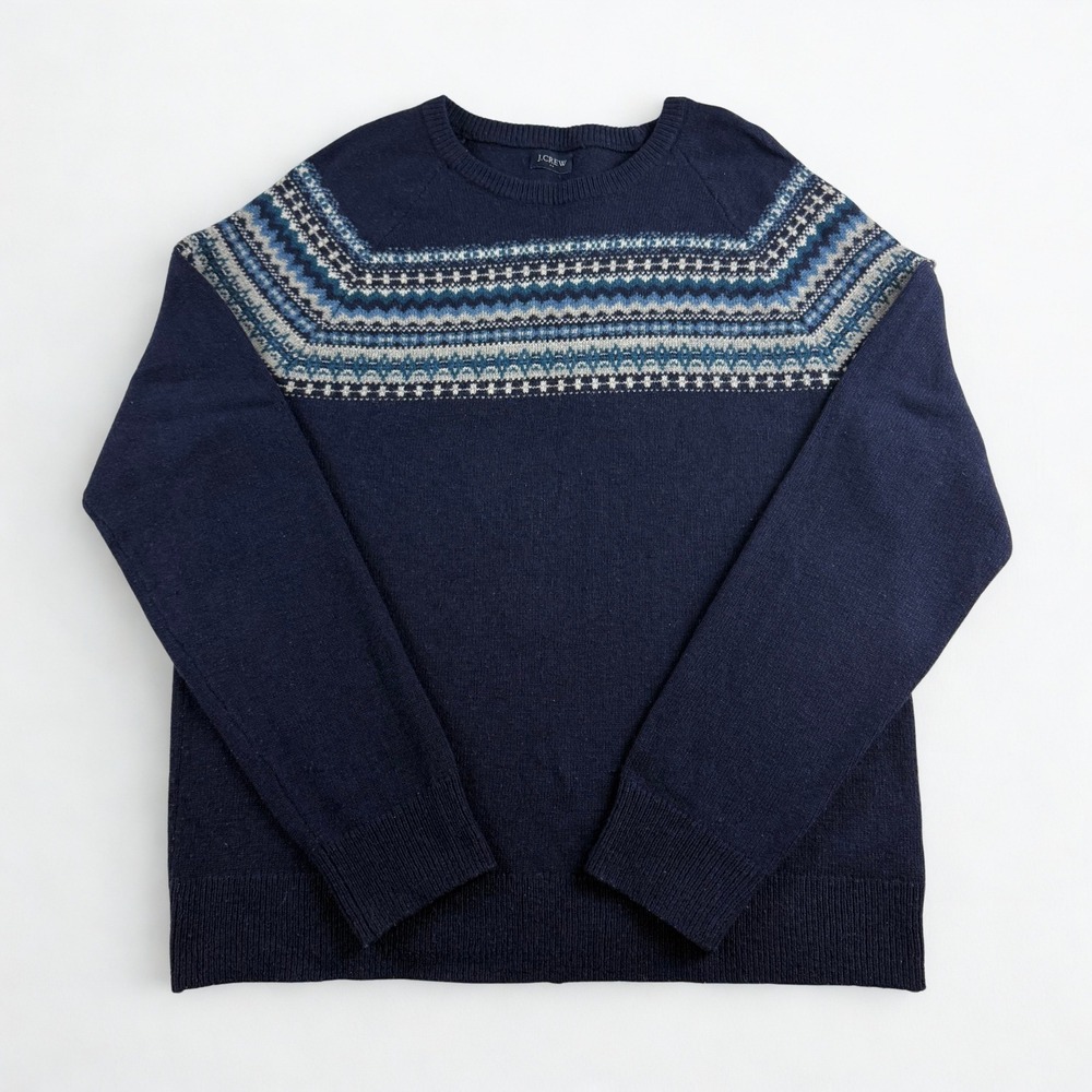J.Crew Fair Isle Sweater Mens M Navy Blue Lambswool Blend Nordic Winter Holiday